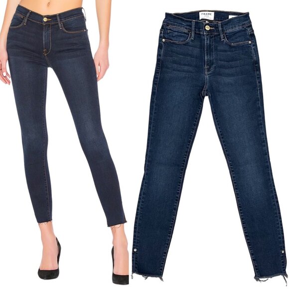 Frame Le High Skinny Slit Jean in Fonda Dark Wash Stretch Denim Women’s Size 25 - Picture 1 of 16